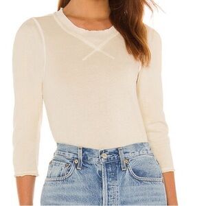New  We The Free T Shirt Size XS Cream with Tan Stitching Clover Top 3/4 Sleeve